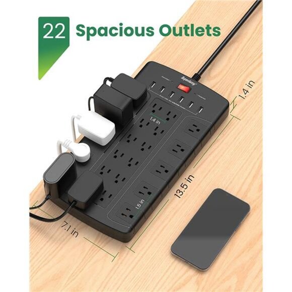 Surge Protector Power Strip, Extension Cord with 22 Outlets, 6.5Ft Flat Plug - Picture 4 of 6
